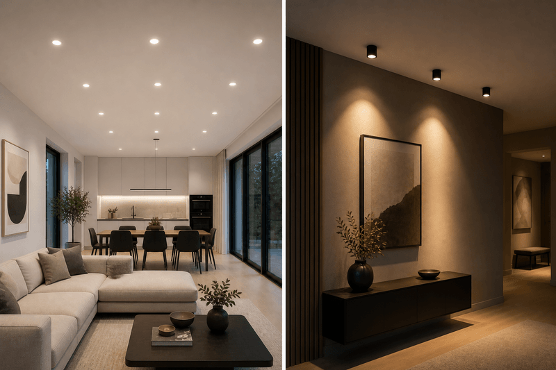Vergleich von LED Deckeneinbauleuchten und Deckenanbauleuchten in Wohnraum und Flur mit unterschiedlicher Lichtwirkung und Beleuchtungscharakteristik